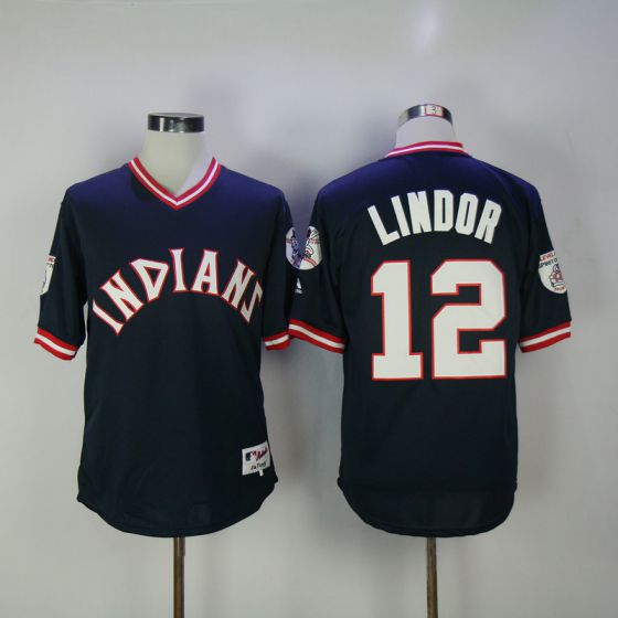 Men Cleveland Indians #12 Francisco Lindor Blue Throwback MLB Jerseys